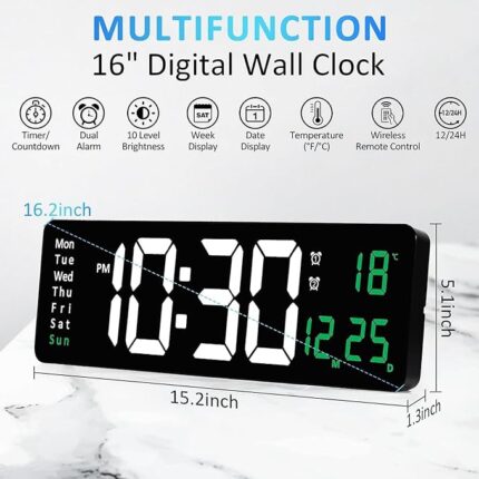 16" LED wall clock with time, date, temp, alarms, and remote control features.