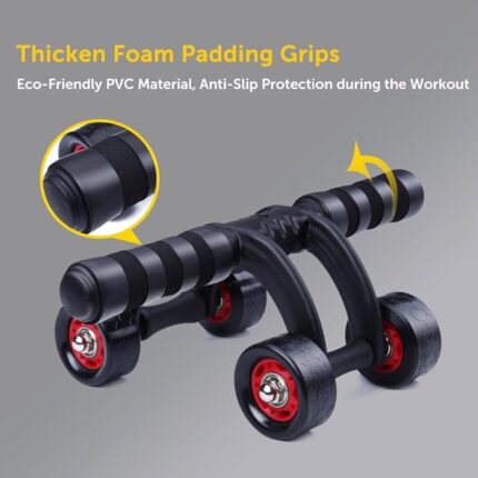 Four-wheel ab roller with foam grips and red hubs, shown with grip close-up.