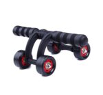 Four-wheel ab roller with red hubs, foam handles, and stable core workout design.
