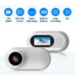 Compact white action camera with HD screen, wide lens, and six feature icons above.