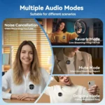 Four people using circular audio device in different modes noise cancellation, reverb, mute, and original.