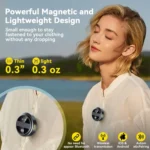 Magnetic wearable device attached to white shirt outdoors, with text highlighting lightweight design and wireless pairing.