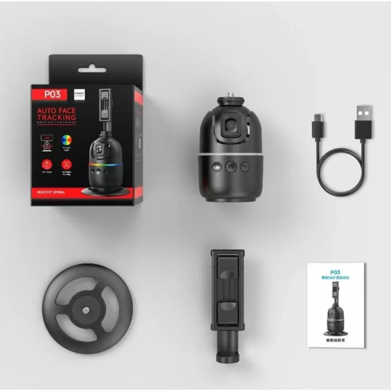 PO3 auto face tracking gimbal kit with phone holder, USB cable, base, and Chinese manual.