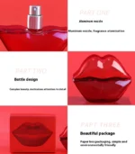 Red lip shaped perfume bottle with aluminum nozzle, detailed design, and eco friendly paper box packaging.
