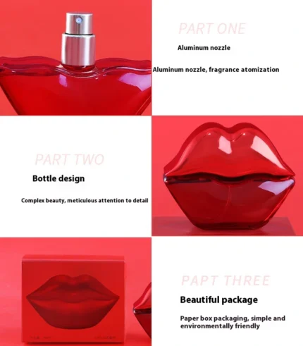 Red lip shaped perfume bottle with aluminum nozzle, detailed design, and eco friendly paper box packaging.