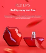 Red lip shaped perfume bottles labeled “RED LIPS” with spray nozzle and bold red background.
