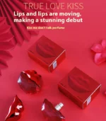 Red lip shaped perfume bottles labeled “TRUE LOVE KISS” with red boxes, petals, and fan decorations.