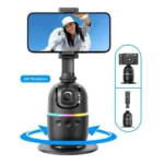 Smart tracking camera mount with 360° rotation, rainbow LED ring, and smartphone holder for auto follow shots.