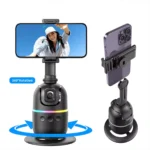 Smartphone mounted on 360° rotating tracking holder with LED ring and control buttons, shown in horizontal and vertical views.