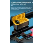 Wireless audio kit with open charging case and labeled SAXY RX TX units placed on smartphone screen.