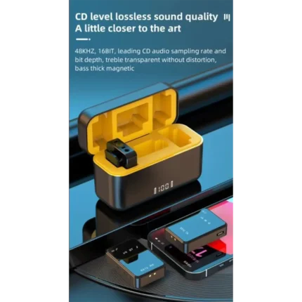 Wireless audio kit with open charging case and labeled SAXY RX TX units placed on smartphone screen.