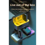 Wireless clip on microphone system with yellow lined charging case, shown with smartphone and laptop keyboard.